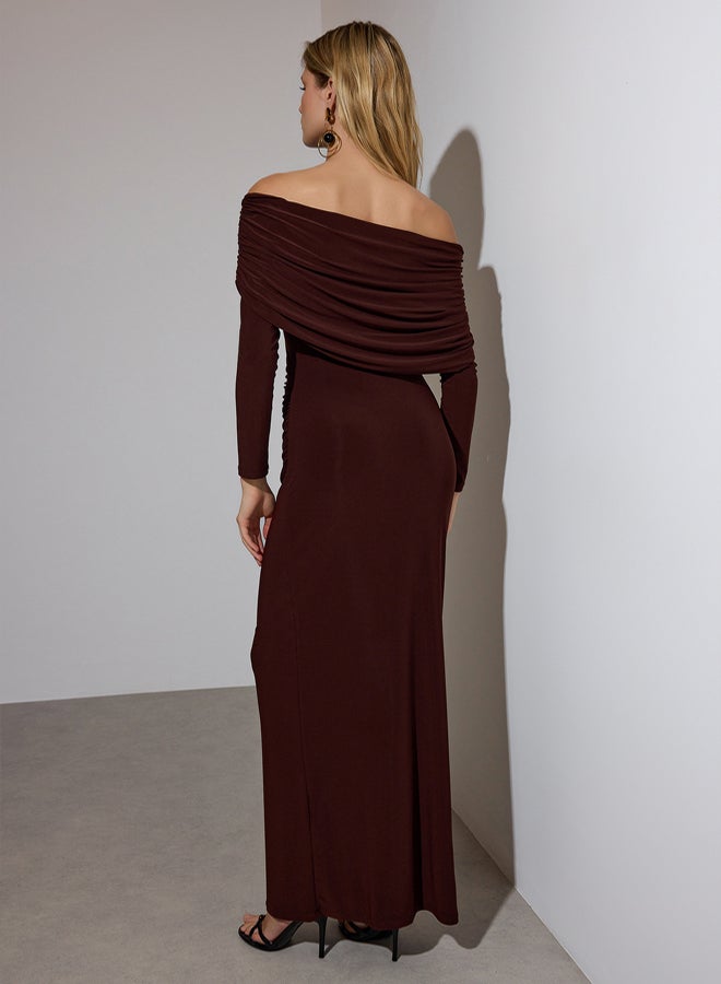 trendyol Limited Edition Brown Gathered Carmen Collar Stretchy Maxi Knitted Dress - Image 4
