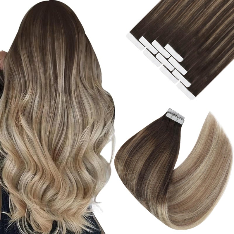 Ve Sunny Tape in Hair Extensions Real Human Hair Invisible Remy Human Hair Straight Tape Ins Double Sided Dark Brown Balayage Dark Golden Blonde Highlight Platinum Blonde 22 inch 10Pcs 25G