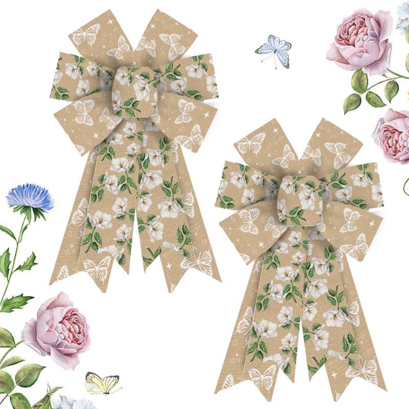 Hying 2 Pieces Fall Flowers Bows for Wreath, Natural Burlap Wreath Bow Floral Butterfly Farmhouse Craft Bows for Front Door Thanksgiving Day Decorations Supplies - Image 1