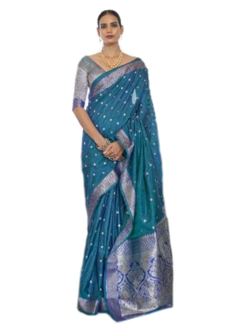 Grab Mantra Handloom Weaving Blue Saree With Border And Unstitched Blouse  - Image 1