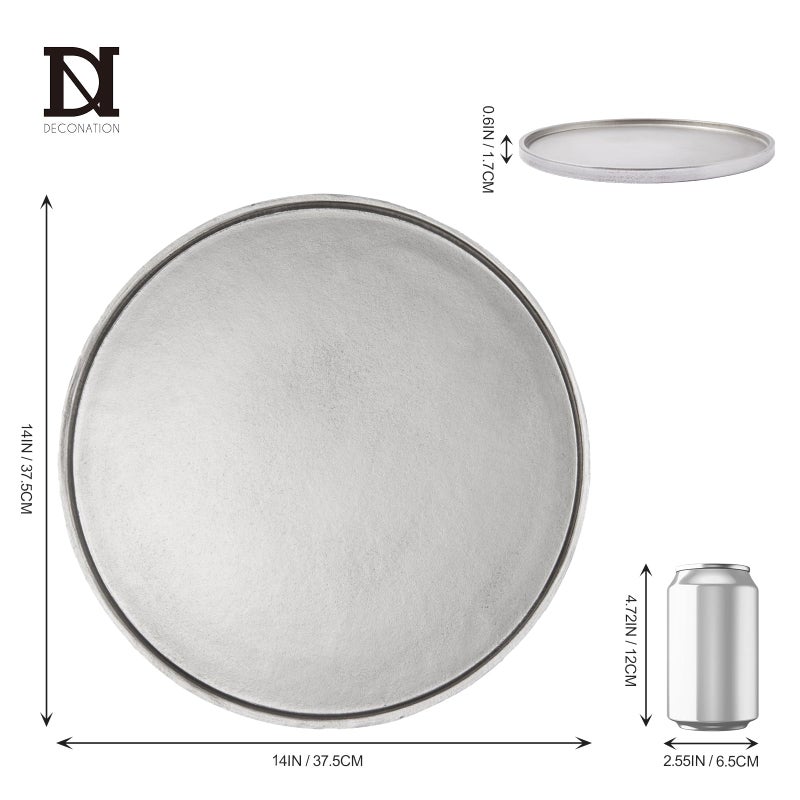 DN DECONATION Silver Ottoman Tray, 14 Inch Large Round Decorative Trays for Home Bathroom Decor, Coffee Table Trays for Perfume Jewelry Living Room, Vintage Decor Couch Farmhouse Wedding - Image 3