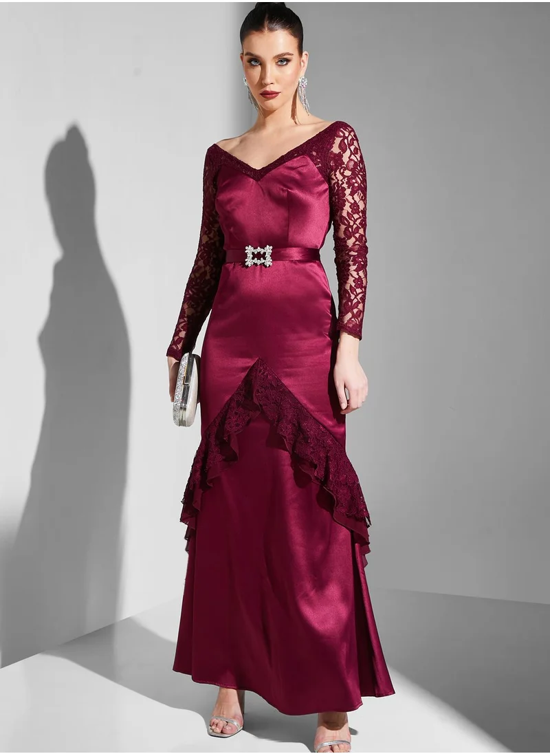 Iyra Embellished Belted Lace Detail Dress