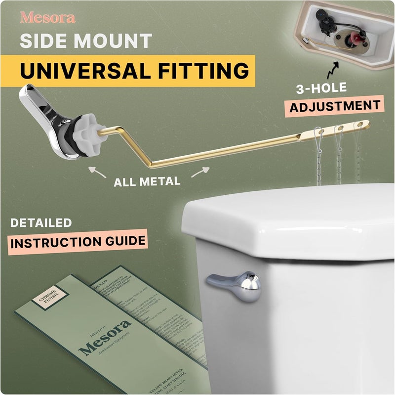 Mesora Universal Metal Side Mount Toilet Handle Replacement Kit with Flapper Chain, Pure Brass and Aluminum, Compatible with Most Toilets - Chrome - Image 2