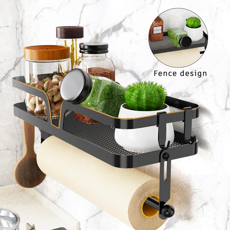 Taozun Taozun Paper Towel Holder with Shelf, Kitchen Paper Holder Spice Rack Black Paper Towel Roll Holder RV Paper Towel Rack with 4 Hooks(2 Installation Methods - Self-Adhesive and Drilling)  - Image 2