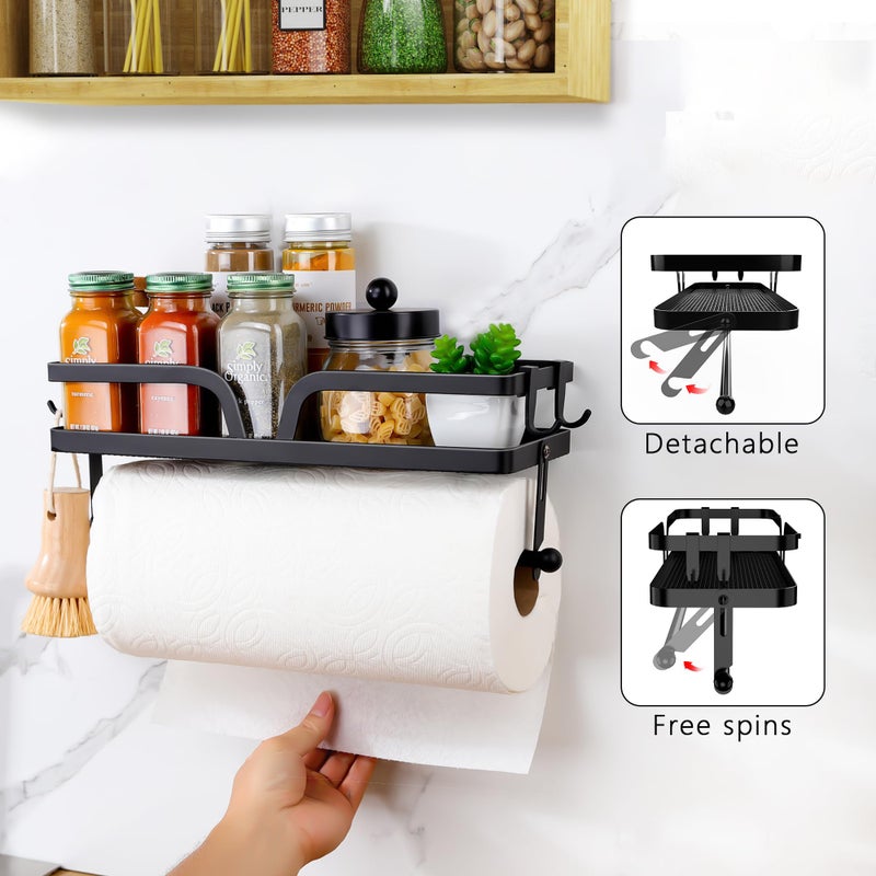 Taozun Taozun Paper Towel Holder with Shelf, Kitchen Paper Holder Spice Rack Black Paper Towel Roll Holder RV Paper Towel Rack with 4 Hooks(2 Installation Methods - Self-Adhesive and Drilling)  - Image 3
