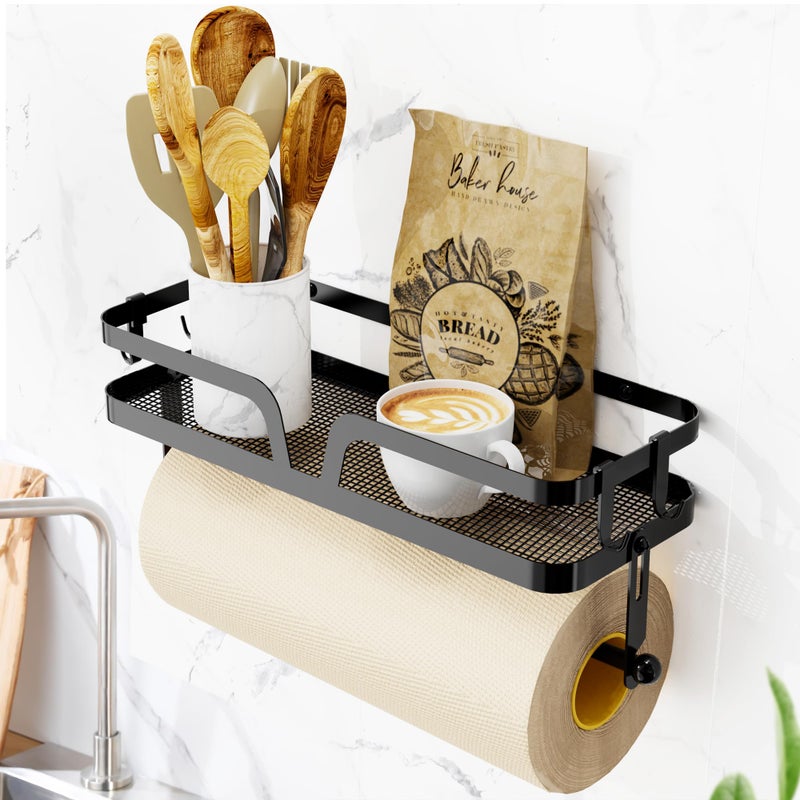 Taozun Taozun Paper Towel Holder with Shelf, Kitchen Paper Holder Spice Rack Black Paper Towel Roll Holder RV Paper Towel Rack with 4 Hooks(2 Installation Methods - Self-Adhesive and Drilling)  - Image 4