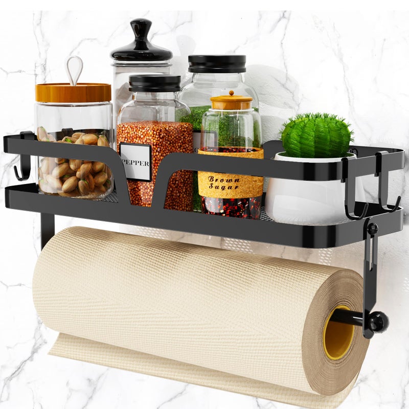 Taozun Taozun Paper Towel Holder with Shelf, Kitchen Paper Holder Spice Rack Black Paper Towel Roll Holder RV Paper Towel Rack with 4 Hooks(2 Installation Methods - Self-Adhesive and Drilling)  - Image 1