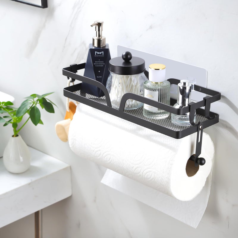 Taozun Taozun Paper Towel Holder with Shelf, Kitchen Paper Holder Spice Rack Black Paper Towel Roll Holder RV Paper Towel Rack with 4 Hooks(2 Installation Methods - Self-Adhesive and Drilling)  - Image 5