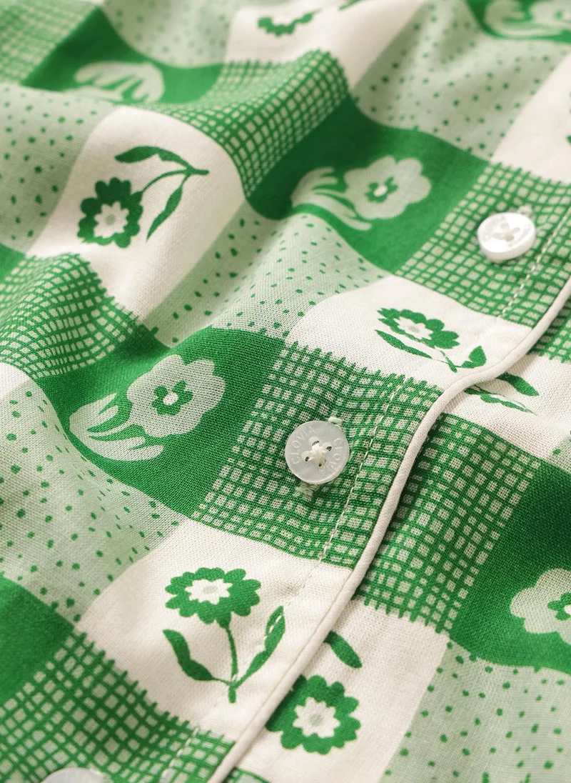 Clovia Green Clovia Printed Button-Down Shirt & Pyjama Set in Green - Rayon for Women | Best Price UAE