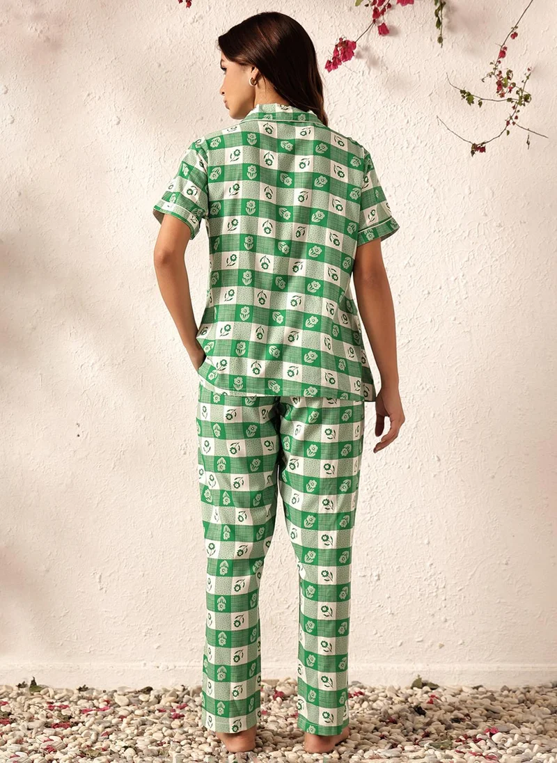Clovia Green Clovia Printed Button-Down Shirt & Pyjama Set in Green - Rayon for Women | Best Price UAE