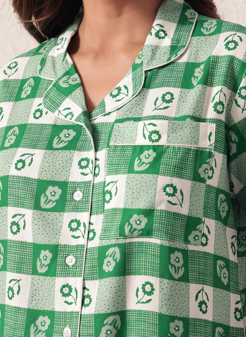 Clovia Green Clovia Printed Button-Down Shirt & Pyjama Set in Green - Rayon for Women | Best Price UAE