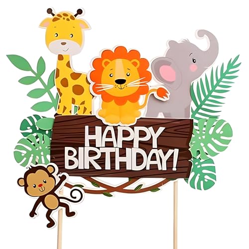 Propsicle Jungle Safari Animal Cake Topper – Happy Birthday Cardstock Decoration for Kids Birthday Cake, Lion Giraffe Elephant Monkey Theme Party (1 Pc) - Image 1