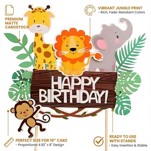 Propsicle Jungle Safari Animal Cake Topper – Happy Birthday Cardstock Decoration for Kids Birthday Cake, Lion Giraffe Elephant Monkey Theme Party (1 Pc) - Image 2