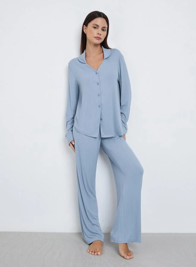 ستايلي طقم بيجاما من بنطال وبلوزة بياقة مفتوحة مع أزرار