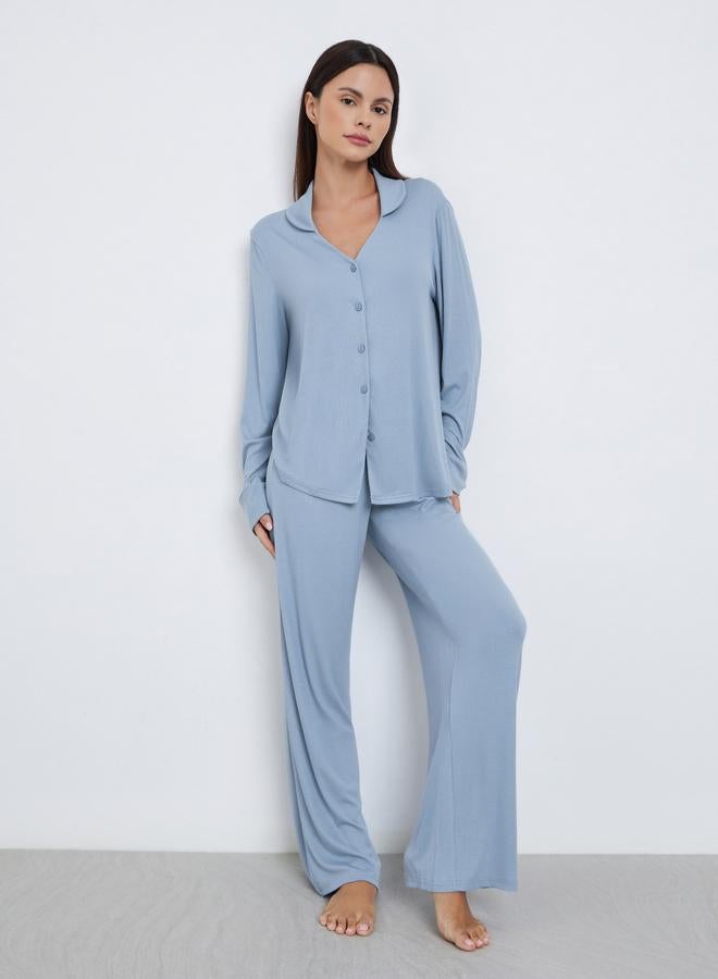 ستايلي طقم بيجاما من بنطال وبلوزة بياقة مفتوحة مع أزرار - Image 1