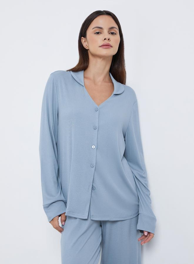 ستايلي طقم بيجاما من بنطال وبلوزة بياقة مفتوحة مع أزرار - Image 2