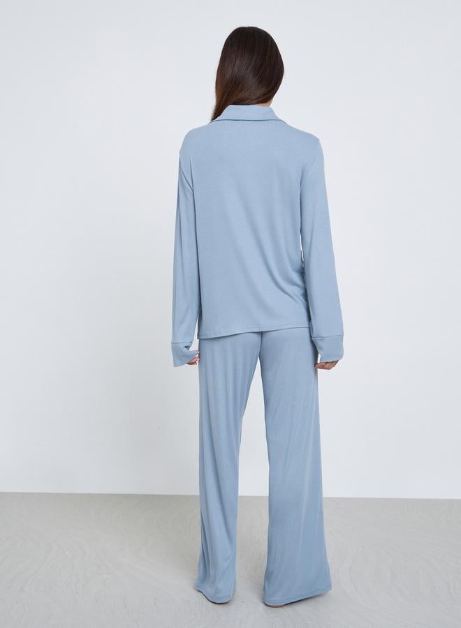 ستايلي طقم بيجاما من بنطال وبلوزة بياقة مفتوحة مع أزرار - Image 4
