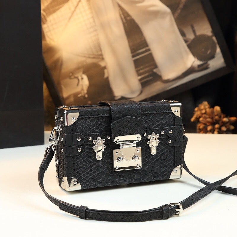 High-End Niche Genuine Leather Box Bag For Women Lock Small Square Bag Fashionable Snake Pattern Crossbody Bag - Image 4