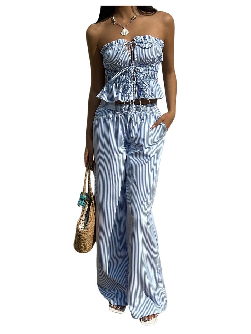 WDIRARA Women's Striped 2 Piece Pants Set Strapless Tie Bandeau Wide Leg Pants Outfits Blue Large - Image 1