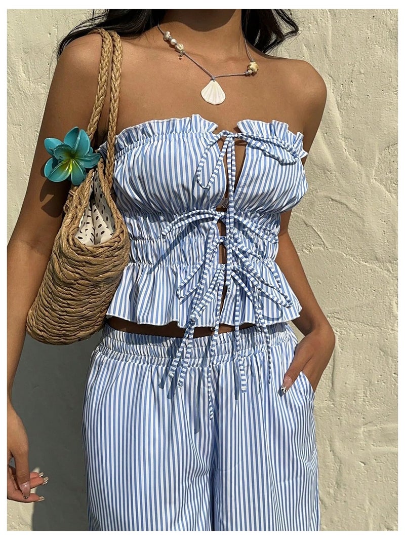 WDIRARA Women's Striped 2 Piece Pants Set Strapless Tie Bandeau Wide Leg Pants Outfits Blue Large - Image 4