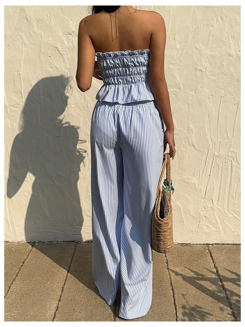 WDIRARA Women's Striped 2 Piece Pants Set Strapless Tie Bandeau Wide Leg Pants Outfits Blue Large - Image 3