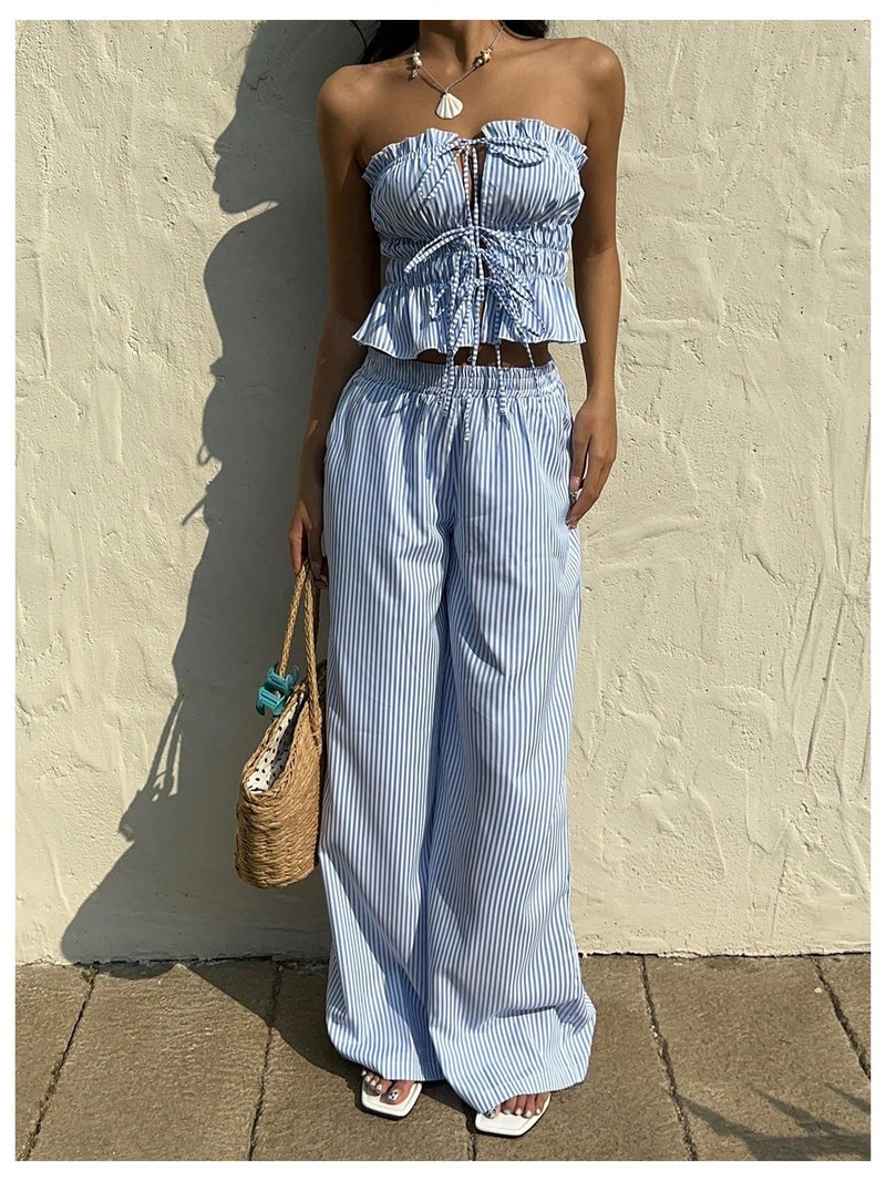 WDIRARA Women's Striped 2 Piece Pants Set Strapless Tie Bandeau Wide Leg Pants Outfits Blue Large - Image 2