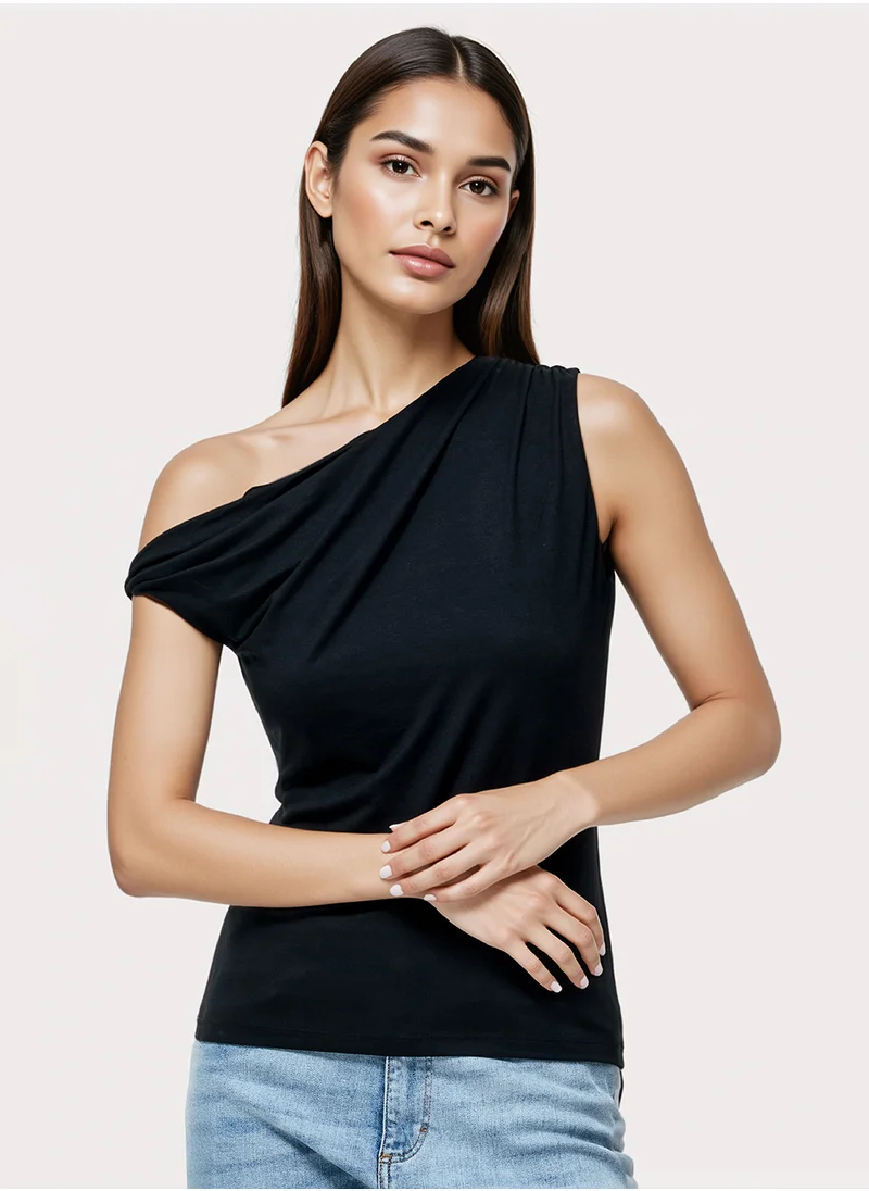 فرنش كونكشن Plain/Basic Slim Viscose Blend One Shoulder T-Shirt