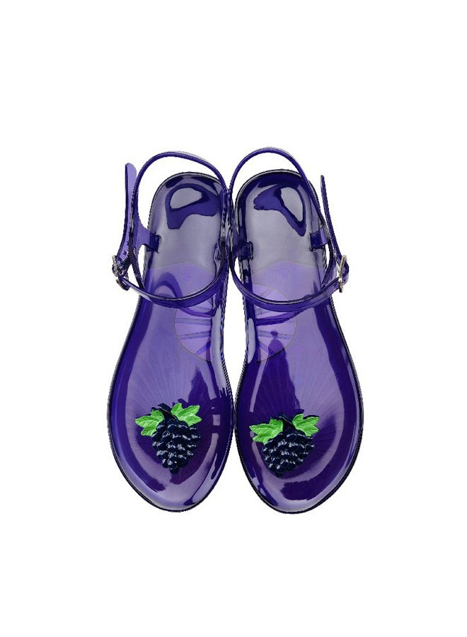 Women's Round Toe Jelly Sandals Soft PVC Non-Slip Sole Beach Shoes Fruit Pattern Summer Casual Slippers Grape  - Image 1