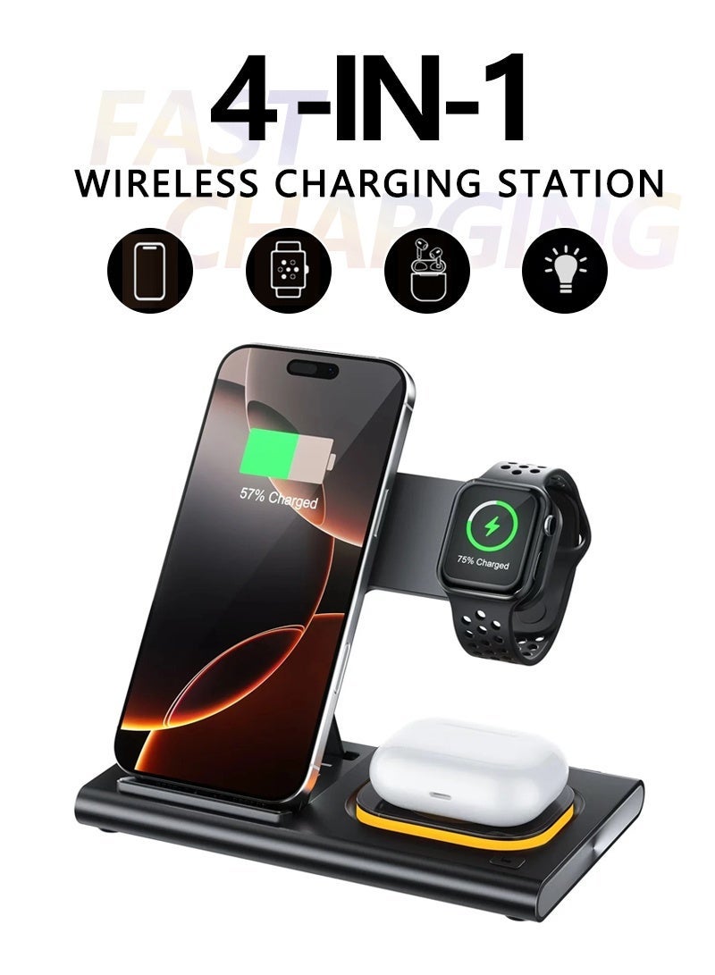 كايغا محطة شحن لاسلكي سريعة 4 في 1، حامل شاحن لاسلكي سريع قابل للطي للشحن السريع، شاحن لاسلكي للهواتف المحمولة أثناء السفر Apple iPhone 16/15/14/13/12/11 X Pro Max iWatch 8 7 6 5 4، مع إضاءة ليلية - Image 1
