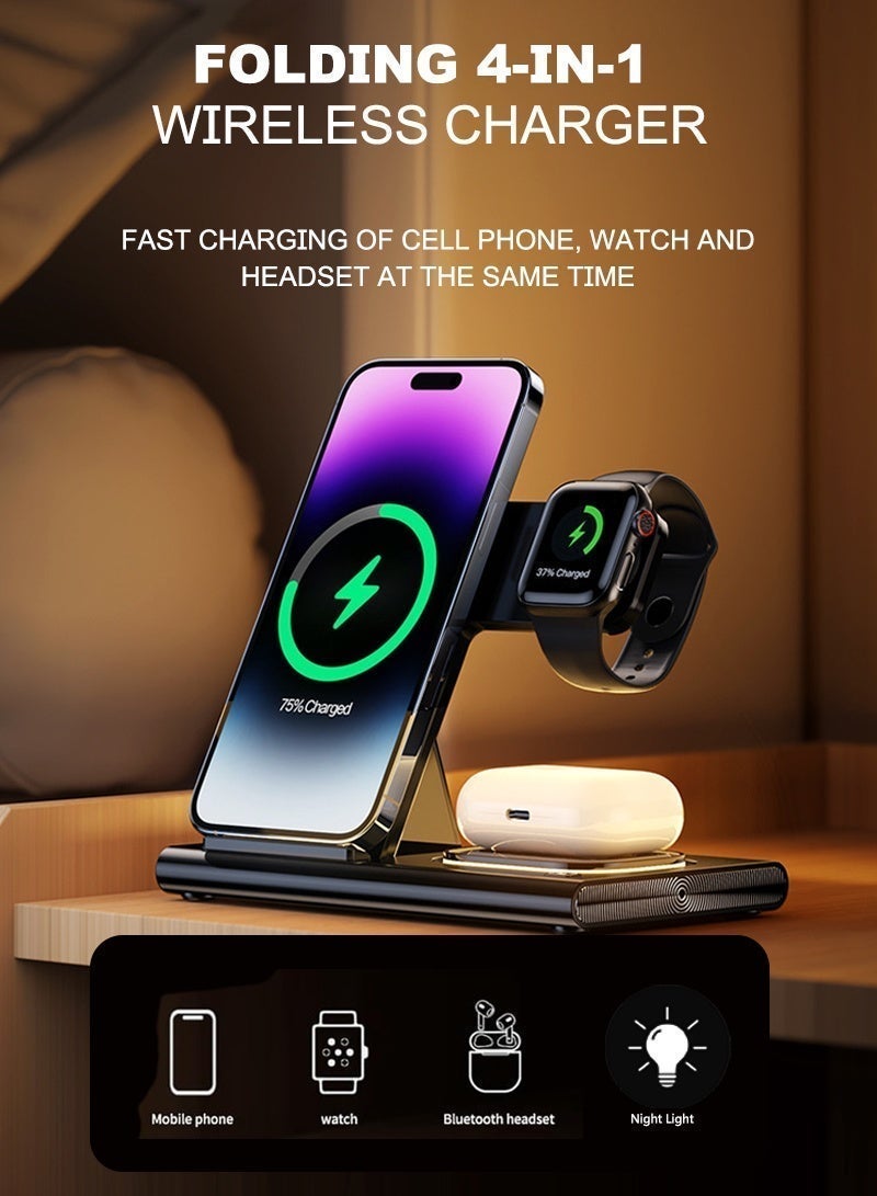 كايغا محطة شحن لاسلكي سريعة 4 في 1، حامل شاحن لاسلكي سريع قابل للطي للشحن السريع، شاحن لاسلكي للهواتف المحمولة أثناء السفر Apple iPhone 16/15/14/13/12/11 X Pro Max iWatch 8 7 6 5 4، مع إضاءة ليلية - Image 5