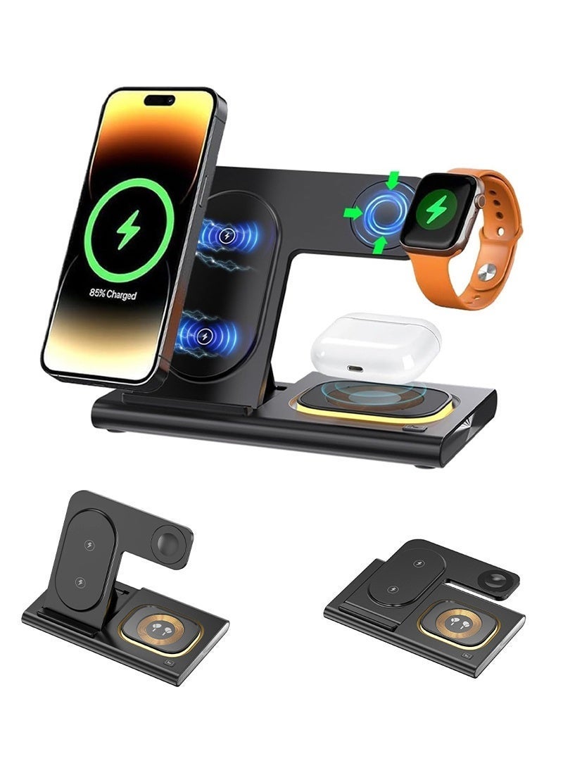 كايغا محطة شحن لاسلكي سريعة 4 في 1، حامل شاحن لاسلكي سريع قابل للطي للشحن السريع، شاحن لاسلكي للهواتف المحمولة أثناء السفر Apple iPhone 16/15/14/13/12/11 X Pro Max iWatch 8 7 6 5 4، مع إضاءة ليلية - Image 4