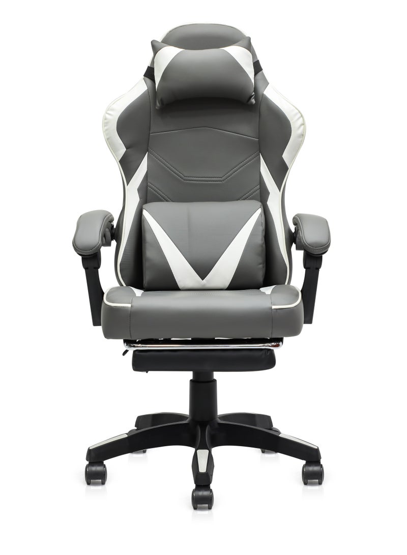 مالتي هوم فيرنيتشر كرسي ألعاب منزلي من Multi Home Furniture باللونين الرمادي والأبيض - كرسي مريح مزود بمسند قدم ووظيفة إمالة | كرسي مكتب بظهر مرتفع مع دعم للظهر والرأس | كرسي دوار 360 درجة من جلد البولي يوريثان للاستخدام المنزلي - Image 2