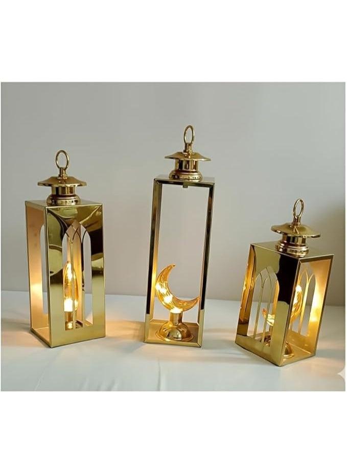 Ramadan Decor Lanterns Set, Metal, Gold Glitter, 3 Pieces, Islamic Ethnic Design, Free Standing - Image 3