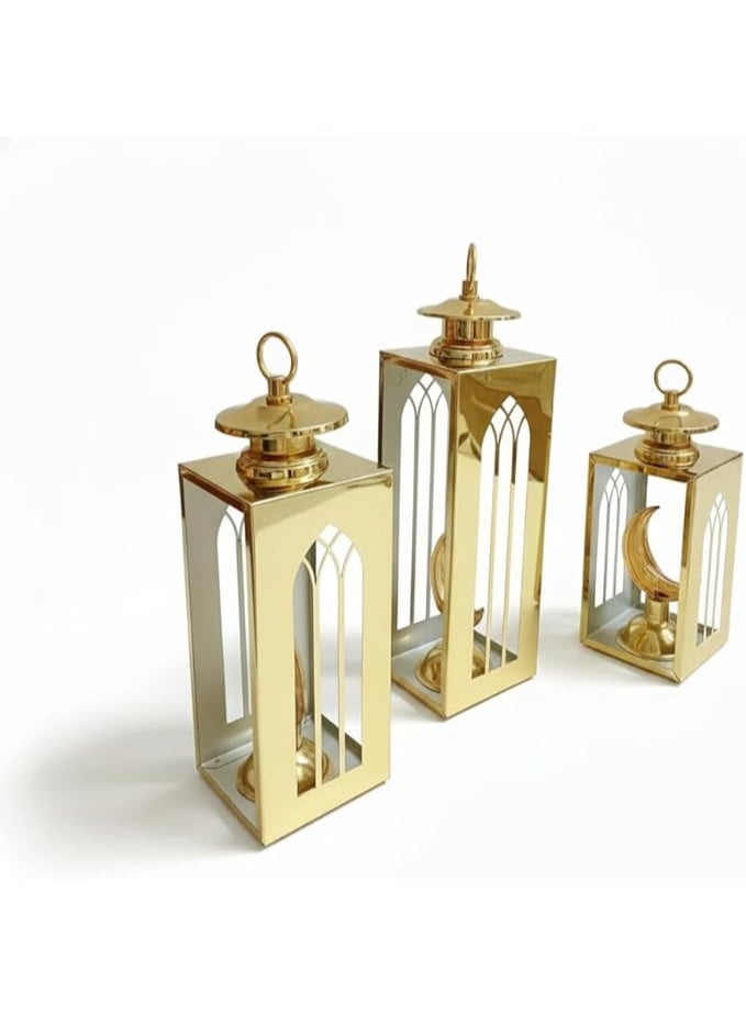 Ramadan Decor Lanterns Set, Metal, Gold Glitter, 3 Pieces, Islamic Ethnic Design, Free Standing - Image 2