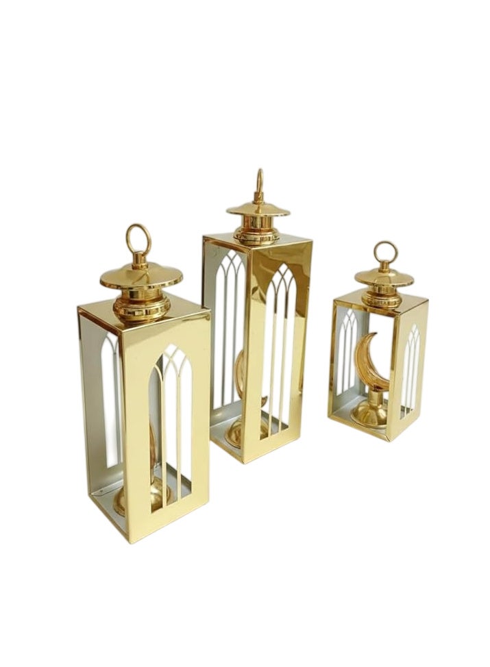 Ramadan Decor Lanterns Set, Metal, Gold Glitter, 3 Pieces, Islamic Ethnic Design, Free Standing - Image 1