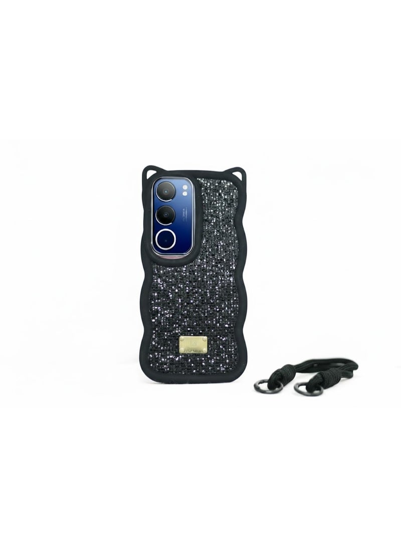 جراب سيليكون ماسي مع بطانة مخملية مشمسة لهاتف vivo y19s (أسود)