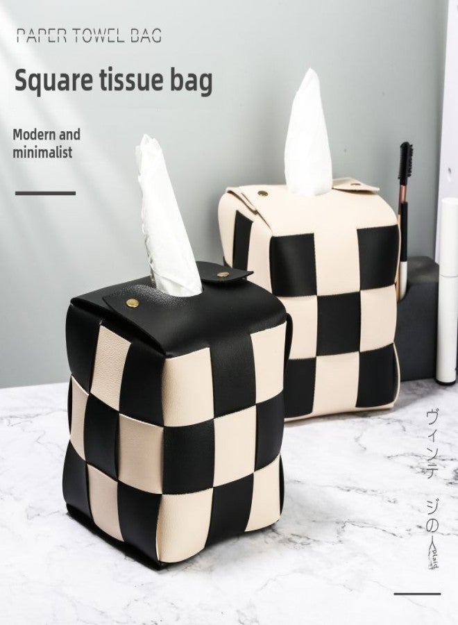 Hand-woven tissue box roll tissue box household creative tissue box living room leather chessboard tissue box(Black-tissue box) - Image 3