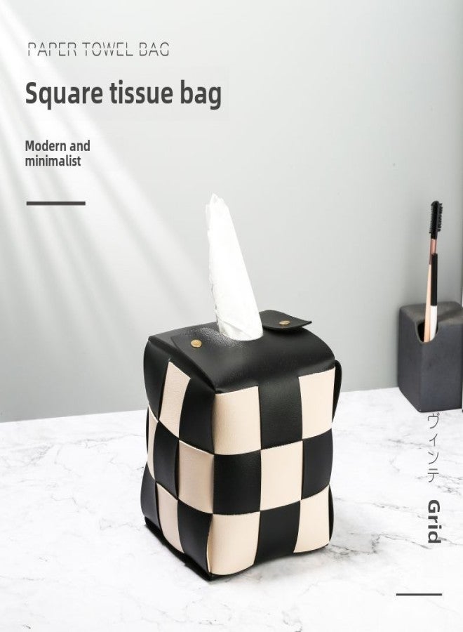 Hand-woven tissue box roll tissue box household creative tissue box living room leather chessboard tissue box(Black-tissue box) - Image 4