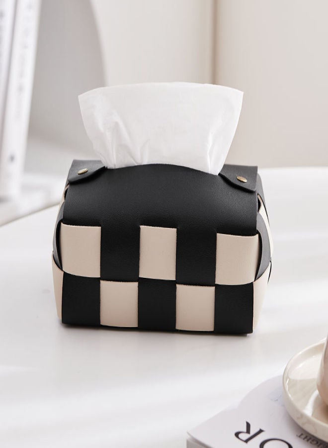 Hand-woven tissue box roll tissue box household creative tissue box living room leather chessboard tissue box(Black-tissue box) - Image 1
