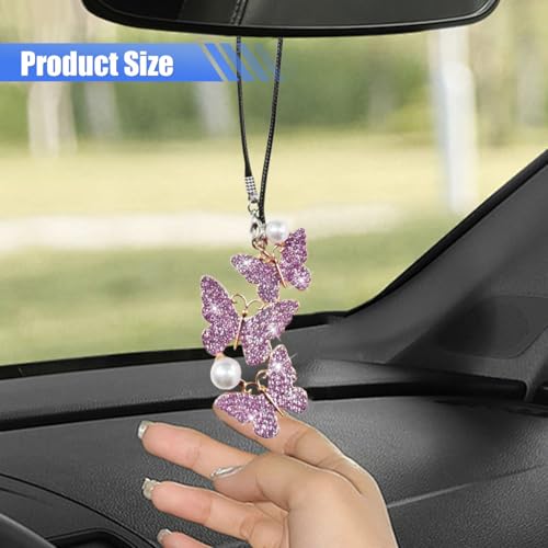 BDZMC Bling Butterfly Diamond Car Hanging Accessories, Crystal Rear View Mirror Charms, Hanging Ornament Pendant Lucky Presents for Women, Interior Decoration Accessories (Purple) - Image 3