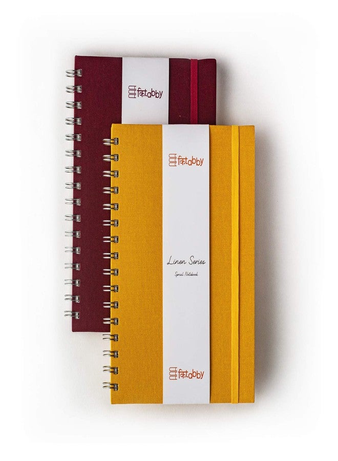 Kitabby – Linen Series – A5 Size – Wire-O-Bound Spiral Notebook with Elastic Band Closure & Back Pocket – 200 Pages – 80gsm Paper – Linen Fabric Cover – Pack of 2 – (Mustard Yellow + Maroon) - Image 1