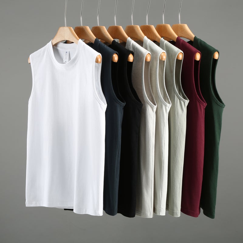 220G Japanese Heavy Seamless Cotton Sleeveless T-Shirt With Wide Shoulder Small Nose Solid Color Loose Vest For Men And Women - Image 3
