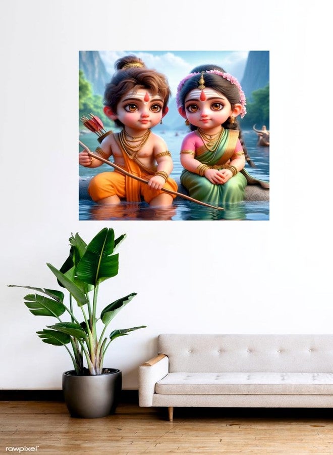 Sky Flying Baby Ram and Sita God Wall Poster for Living Room, Pooja, Kids Room (Size - 46CM X 46CM) - Image 2