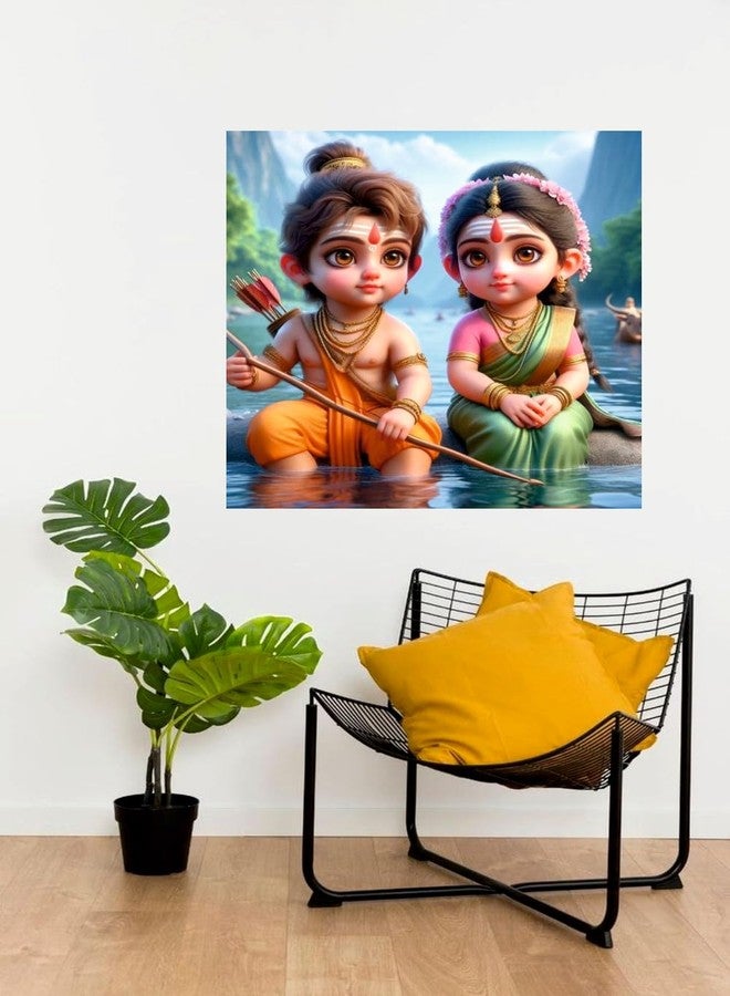 Sky Flying Baby Ram and Sita God Wall Poster for Living Room, Pooja, Kids Room (Size - 46CM X 46CM) - Image 1