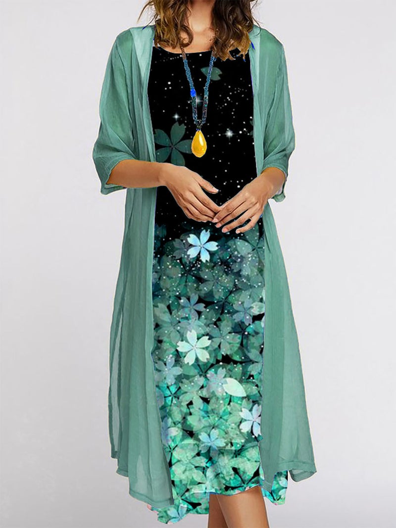 2021 European and American Amazon summer new womens long dress two-piece set flowers and plants printed round neck dress coat for women Flower Green
