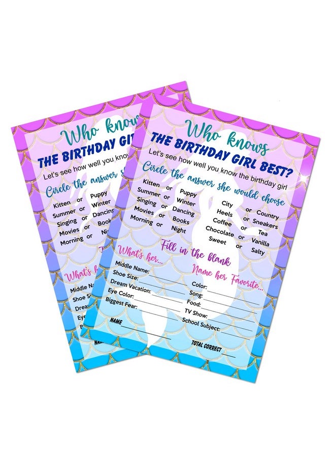 RokAPary Mermaid Who Knows The Birthday Girl Best Game Mermaid Themed Birthday Party Ideas Fun Game For Sleepover Play Pack Of 30 Cards 5”X7”. Made In Usa  - Image 1