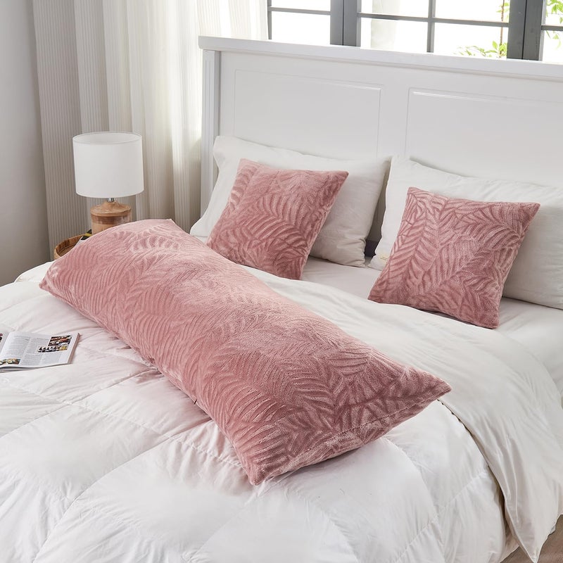 SOCHOW Body Pillow Cover 21x54 Inches, Super Soft and Cozy Leaves Textured Fleece Long Body Pillowcase with Zipper Closure,1 Pack, Dusty Pink - Image 2
