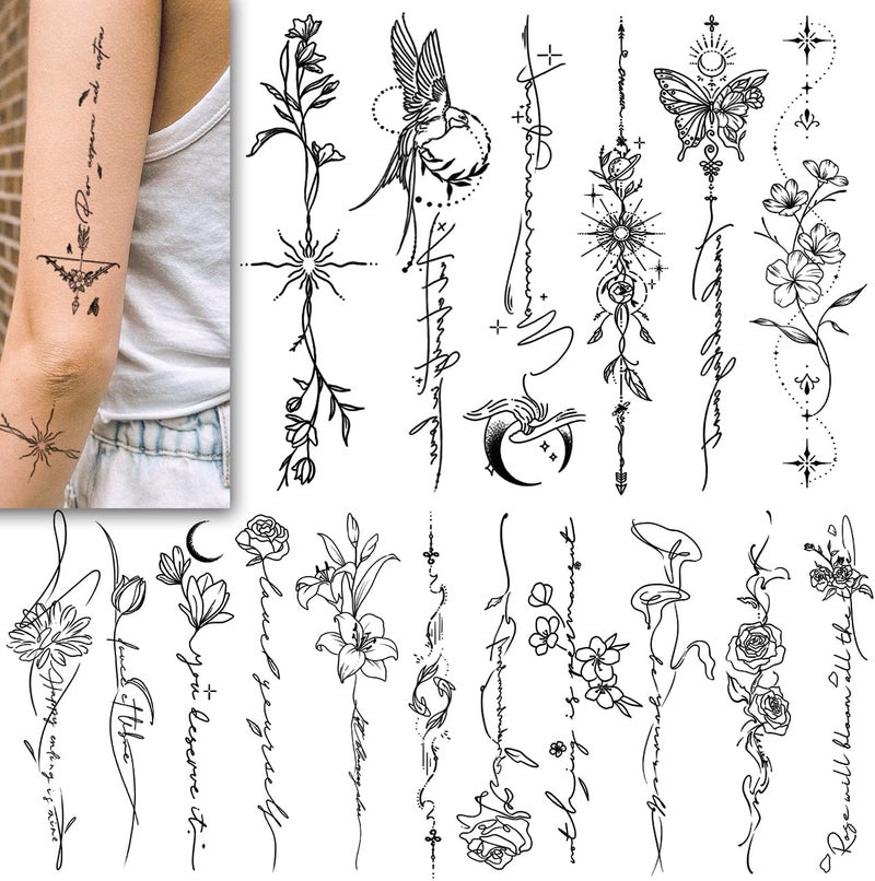 Temporary Tattoos for Women Girls 45 Pcs Line Flower Words Sketch Realistic Long Last Fake Tattoo Waterproof Minimal Line Art Tattoo for Arm Backbone Leg Body