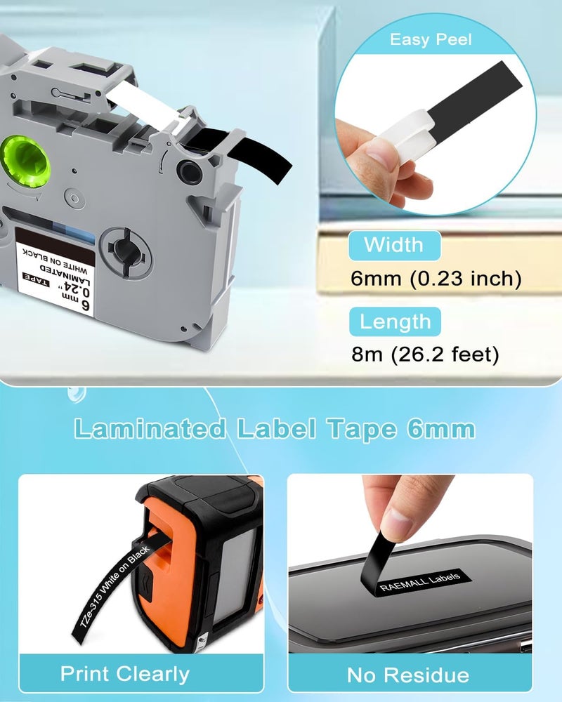 شريط تسمية أسود مقاس 6 مم 1/4 بوصة متوافق مع Brother TZe-315 0.23 بوصة خرطوشة تعبئة P touch مصفحة لـ PT-H110 PT-D210 PT-D410، سهلة التقشير، مقاومة للماء والزيت، 8 متر (26.2 قدم)، عبوة من 6 قطع - Image 3