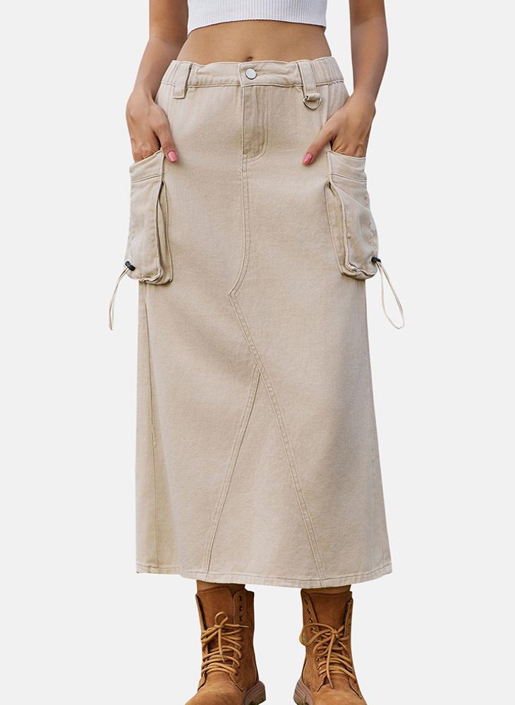 YUNIQEE Beige Mid Rise Plain Midi Skirt - Image 1